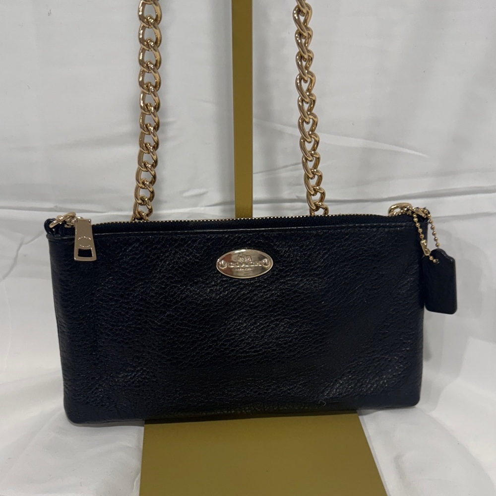 Coach Black Leather Crossbody Bag with Gold Chain